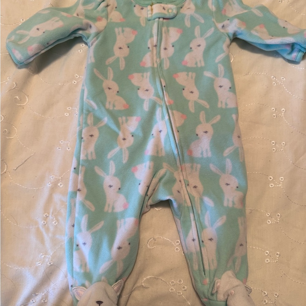 Aqua Bunny Print Kids Footie Pajamas